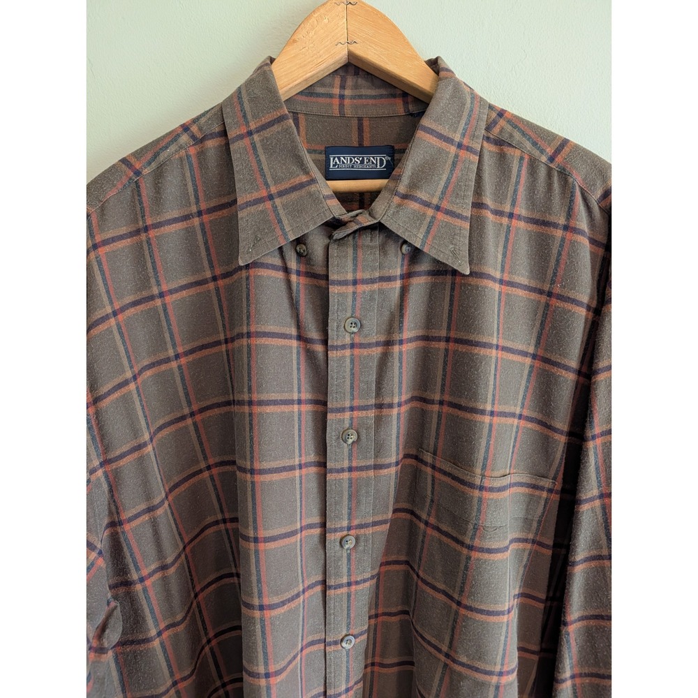 Vintage 90s Lands End Mens XL Tall Plaid Flannel Shirt Brown Orange Rustic